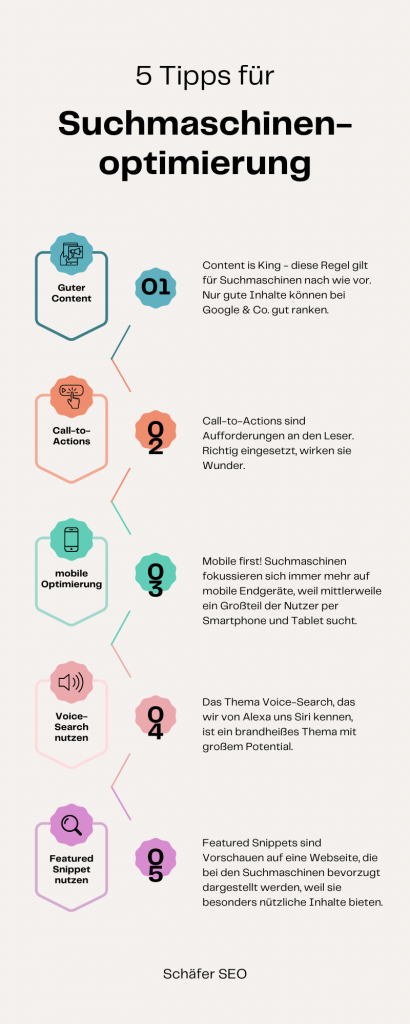 Infografik 5 Tipps für Suchmaschinenoptimierung SEO für kleine Unternehmen Schäfer SEO
